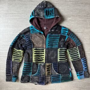 Hippy Boho Winter Cotton Patchwork Jacket Hoodie Fleece Lined Nepal Womens L SKA